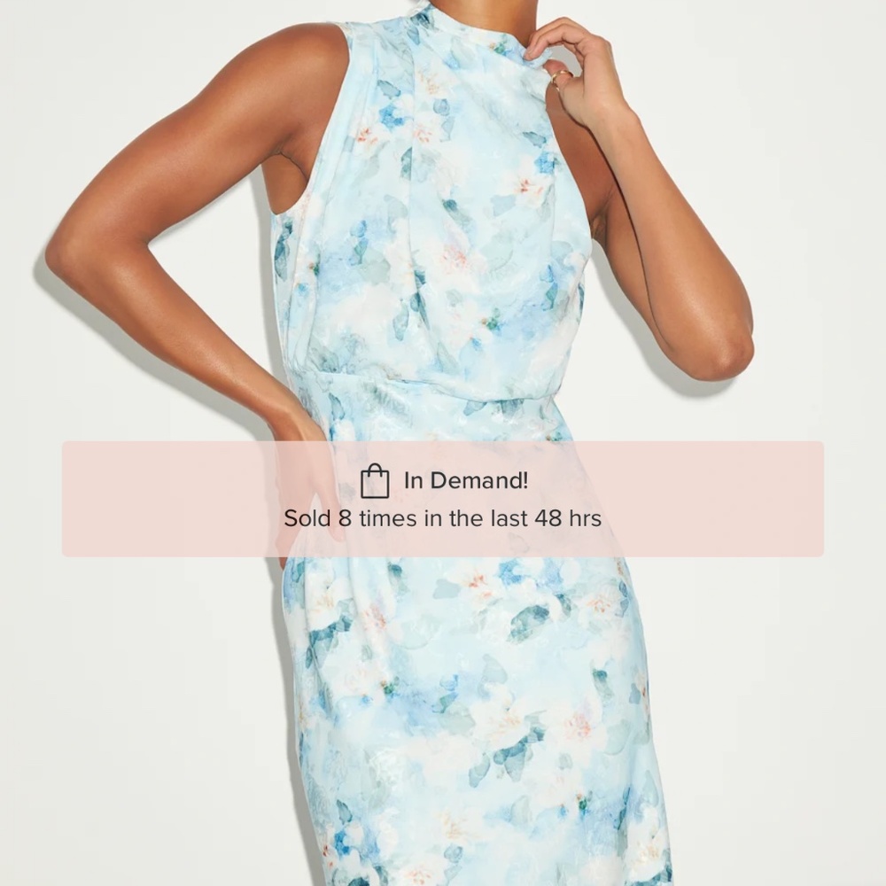 Lulus Distinctive Charm Blue Floral Satin Asymmetrical Midi Dress - Size L - Picture 3 of 5